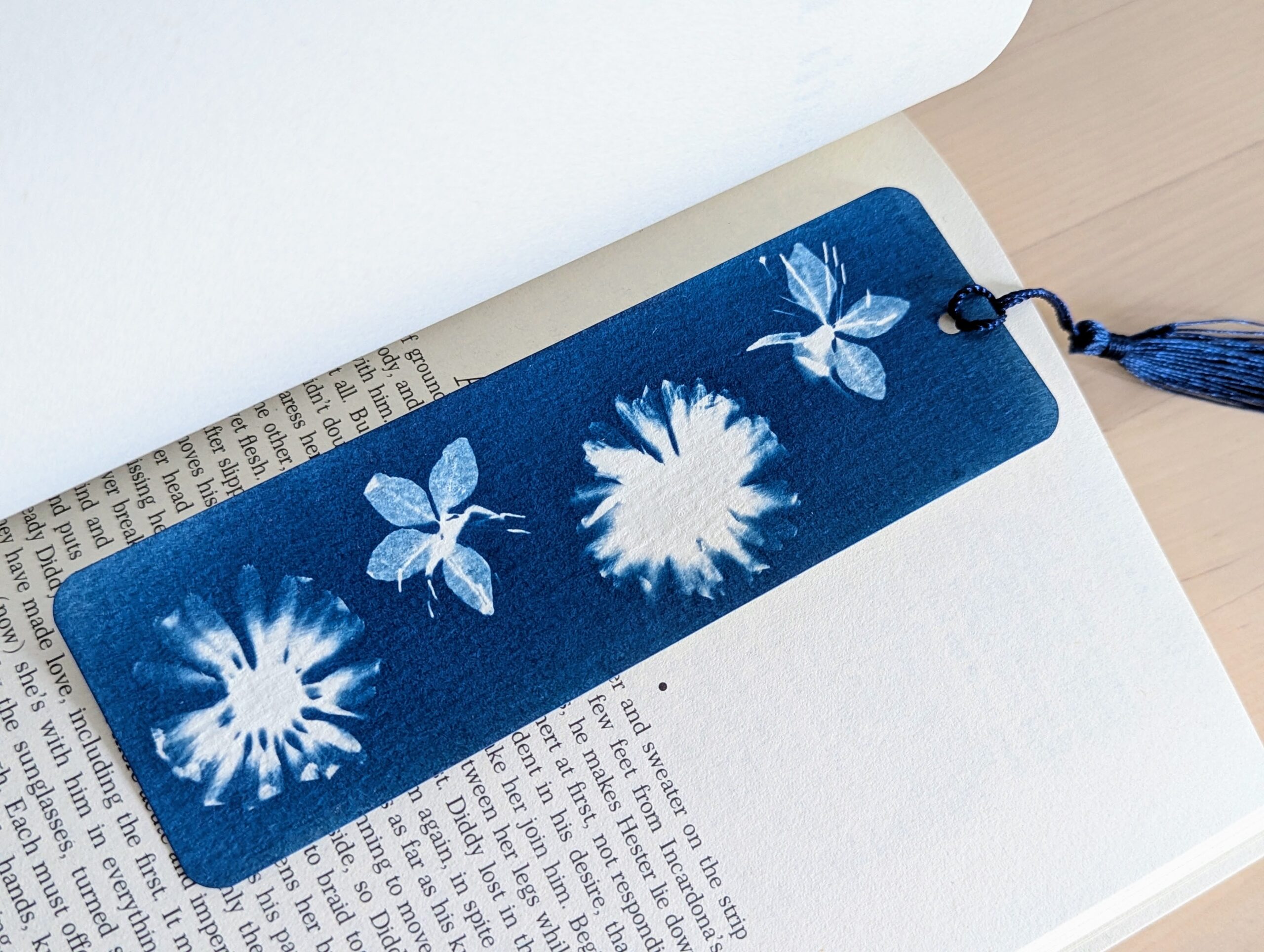 Botanical cyanotype bookmark, tucked in a book